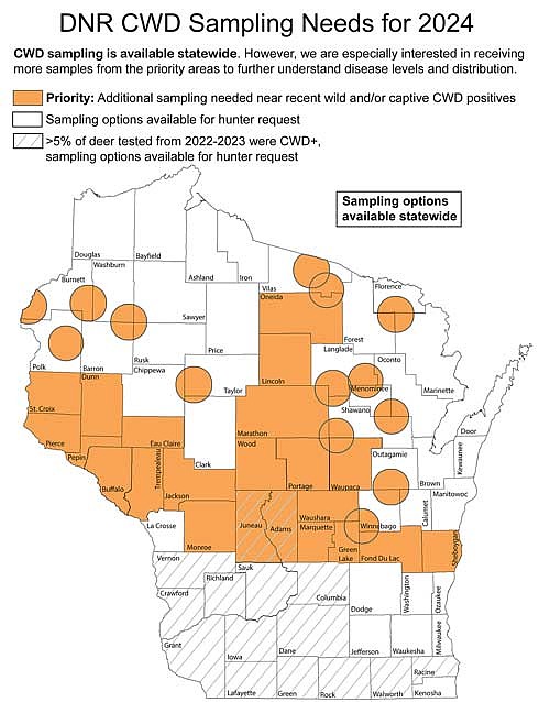 There are several areas in the Northwoods were sampling and testing for chronic wasting disease is seen as a priority due to recent positive findings in either the wild or captive herd. Hunters are urged to get deer tested that come from the areas highlighted on the map. Source: Wisconsin Department of Natural Resources. (ContrIbuted image)