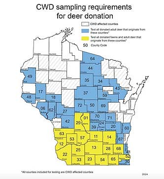 Adult deer from some northern counties, including Vilas and Oneida, must be tested for chronic wasting disease when donated to the deer donation program. In the endemic area and much of southern Wisconsin, both adult and fawns must be tested. Testing is free to the hunter, however. (Contributed image)