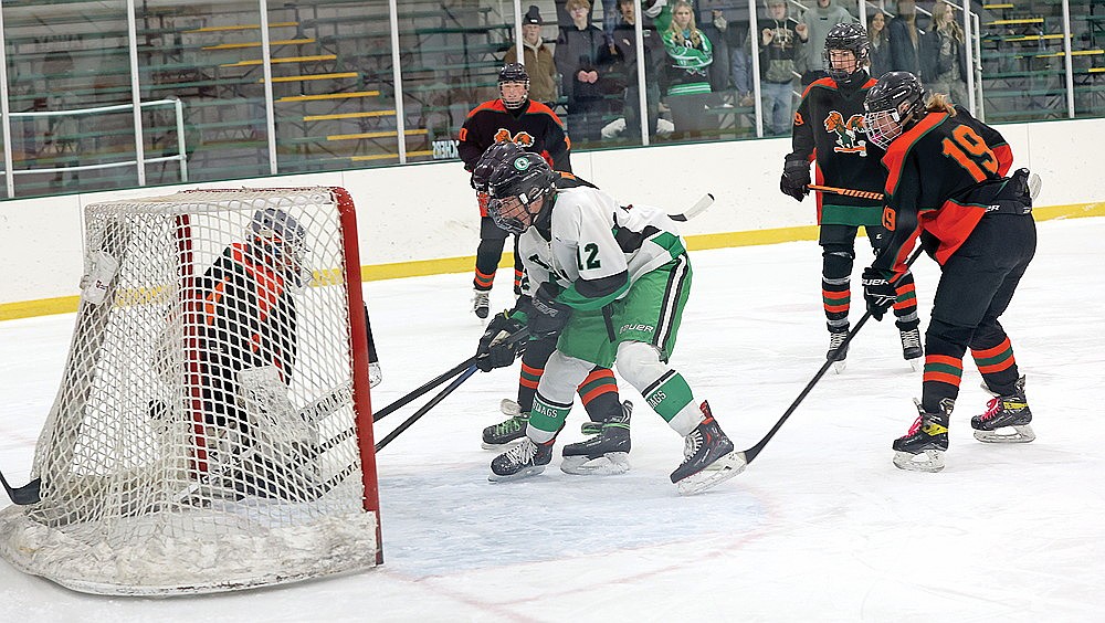 Rhinelander’s Dylan Shefveland scores a goal during the first period of a non-conference boys’ hockey game against Chequamegon/Phillips at the Rhinelander Ice Arena Tuesday, Dec. 3. The Hodags picked up their first win of the season, defeating the SEaLs, 6-2. (Bob Mainhardt for the River News)