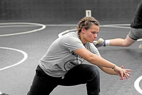 Moriah Louis goes through a drill at practice Monday, Nov. 18 at the Lakeland Union High School wrestling room in Minocqua. Louis is one of the most experienced wrestlers on the team. (Photo by Brett LaBore/Lakeland Times)