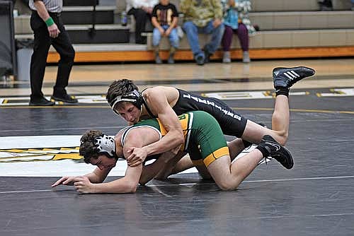 Kade Elm gets in position against Florence’s Mason Butterfield during a home triangular Thursday, Dec. 5 at the Lakeland Union High School fieldhouse in Minocqua. Elm won via a technical fall. (Photo by Brett LaBore/Lakeland Times)