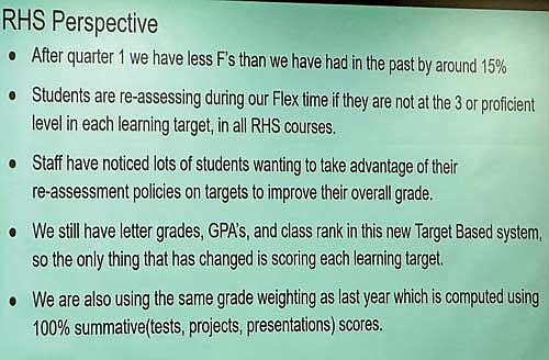 School District of Rhinelander administrators presented the school board with a status report on the district’s transition to target-based grading during the group’s Nov. 18 meeting. The presentation included these slides which explain the “productive struggle” that students undergo in this system as well as the perspective of RHS administration on the changeover as the end of the first semester approaches. (Photo by Heather Schaefer/River News)