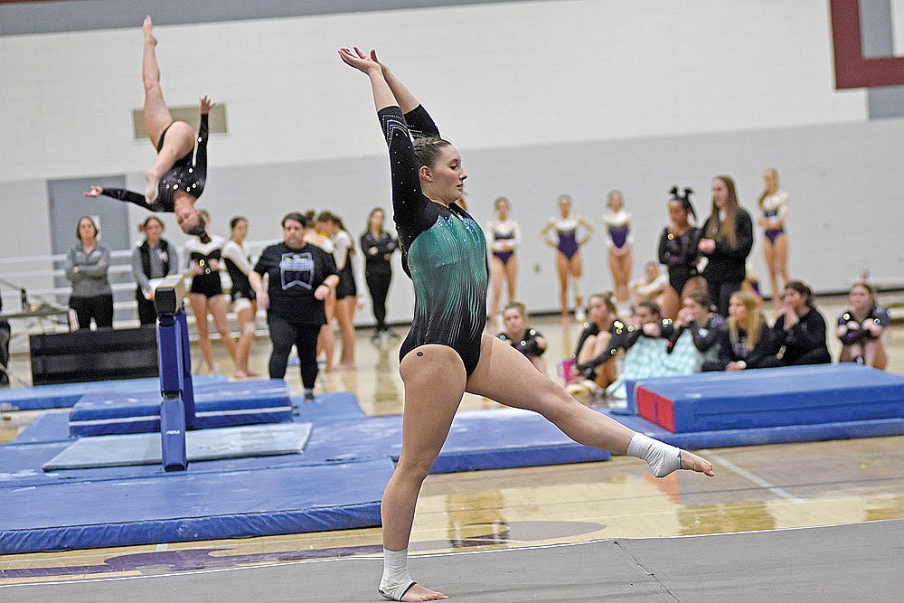 In this Feb. 23, 2024 file photo, Rhinelander’s Karly Gillingham performs her floor exercise routine during a WIAA Division 2 gymnastics sectional meet in Antigo. Gillingham took fourth on the floor exercise, fifth on the balance beam and sixth in the all-around last year at conference for the Hodags and is one of seven returning gymnasts for the team. (Brett LaBore/Lakeland Times)