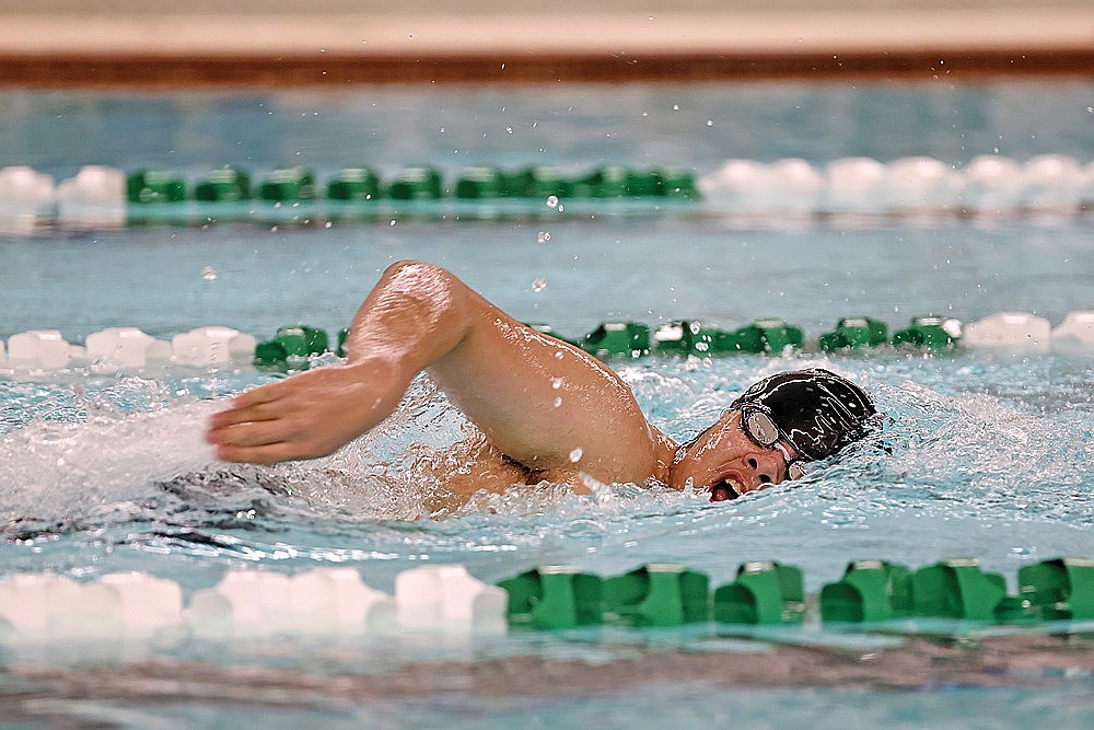 Rhinelander’s Christopher Larson competes in the 500-yard freestyle during a GNC boys’ swim dual meet against Lakeland at the Heck Family Community Pool Thursday, Dec. 5. Larson won the event, scoring the first individual victory of his high school swimming career. (Bob Mainhardt for the River News)