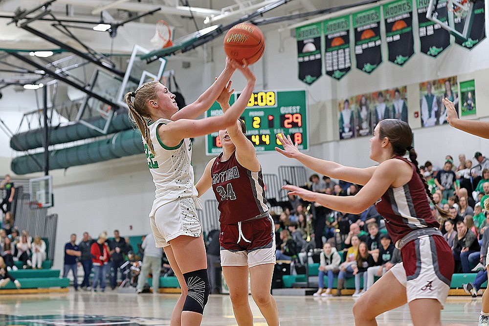 Rhinelander’s Vivian Lamers puts up a shot during the second half of a GNC girls’ basketball game at the Jim Miazga Community Gymnasium Friday, Dec. 6. Lamers scored 17 points in the game. (Bob Mainhardt for the River News)