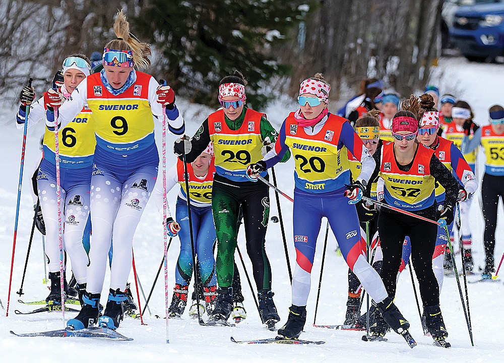 Kayla Skubal (29) jockeys for position at the start of an exhibition Nordic ski race in Ironwood, Mich. Saturday, Dec. 7. Skubal is one of the top returning skiers for the Hodag Nordic ski team this winter. (Jeremy Mayo/River News)