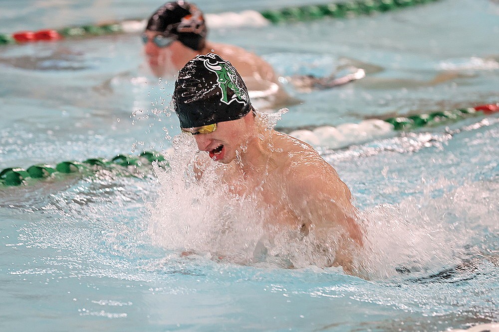 Rhinelander’s Shawn Denis swims breaststroke in the 150-yard mixer medley relay during the Hodag Relays boys’ swim meet at the Heck Family Community Pool Saturday, Dec. 14. Denis, along with teammates Judson O’Malley and Mathias Fugle, broke a 37-year-old record in the event, finishing with a time of 1 minute, 14.71 seconds. (Bob Mainhardt for the River News)