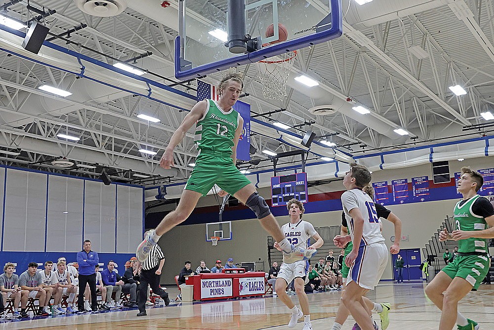 Rhinelander’s Truman Lamers makes a layup during the first half of a GNC boys’ basketball game against Northland Pines in Eagle River Friday, Dec. 13. Lamers scored 14 points as the Hodags defeated the Eagles, 65-48. (Jeremy Mayo/River News)