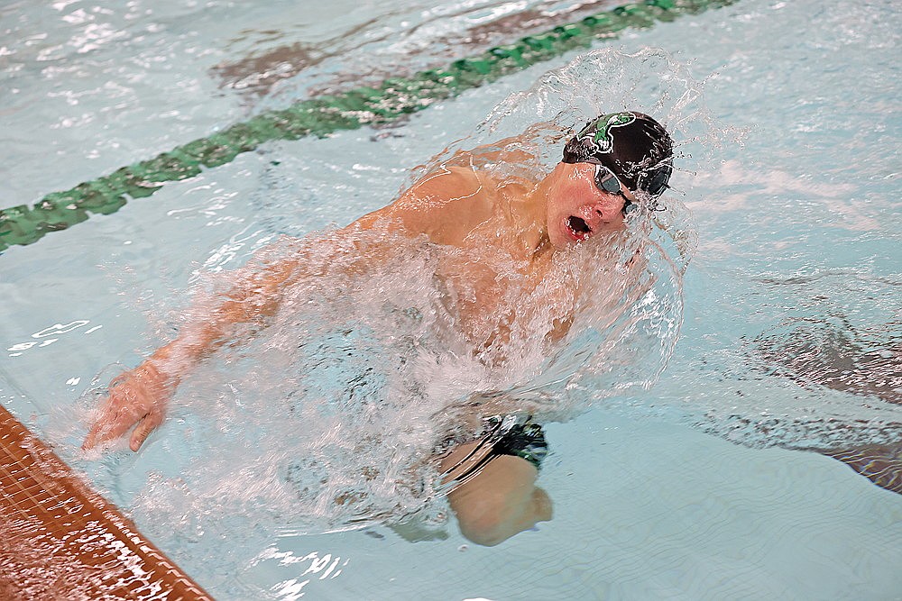 Rhinelander’s Dean Gillingham makes a turn during the 200-yard medley relay in a GNC boys’ swim dual against Shawano/Seymour at the Heck Family Community Pool Tuesday, Dec. 17. (Bob Mainhardt for the River News)