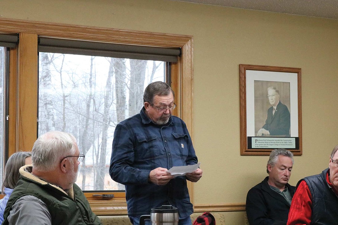 Steve Suchomel spoke to the Wisconsin Conservation Congress wolf advisory committee, asking them to recommend the DNR to be prepared to manage wolves in the state when the delisting goes through. (Photo by Beckie Gaskill/Lakeland Times)