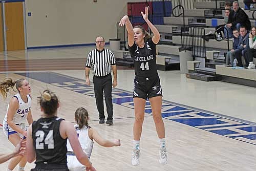 Kristina Ouimette knocks down a 3-pointer in the first half against Northland Pines Friday, Dec. 20 at the Northland Pines High School fieldhouse in Eagle River. Ouimette’s triple gave her 2,000 career points on the same night she scored 49 points and made 10 triples. (Photo by Brett LaBore/Lakeland Times)