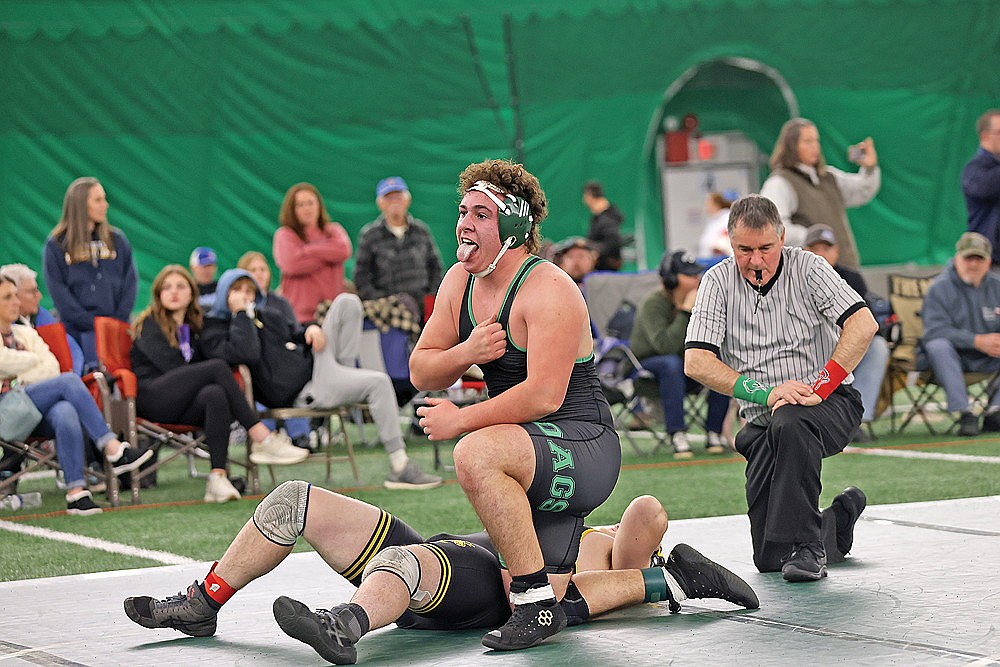 Rhinelander’s Reid Schultz reacts after pinning Rosholt’s Magnyus Hilgers during the Hodag Scramble wrestling meet in the Hodag Dome Friday, Dec. 20. Schultz went 3-1 on the day and finished as the runner-up in the boys’ 285-pound weight class. (Bob Mainhardt for the River News)