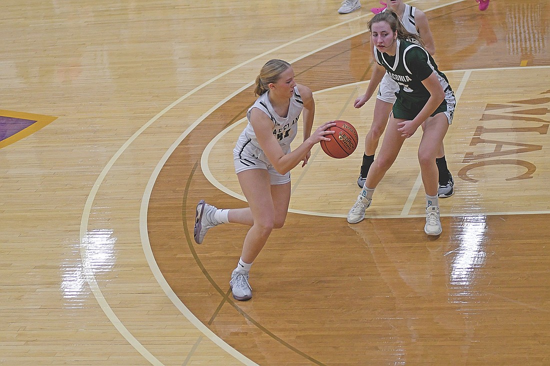 Saylor Timmerman dribbles the ball in the second half against Laconia during the Sentry Classic Thursday, Dec. 26 at Bennett Court at Quandt Fieldhouse in Stevens Point. Timmerman contributed 15 points. (Photo by Brett LaBore/Lakeland Times)