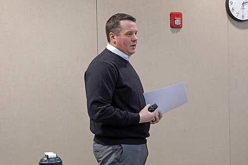 School District of Rhinelander Director of Instruction Ryan Ourada addresses the  board of education during its Dec. 16, 2024 meeting at Rhinelander High School. Ourada’s report detailed results of the district’s annual report card from the state Department of Public Instruction. (Photo by Jeremy Mayo/River News)