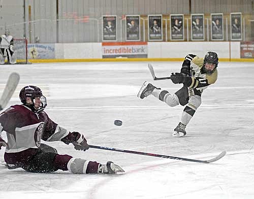 Colton Berray fires the puck on net in the first period against Antigo Thursday, Jan. 9 at Lakeland Hawks Ice Arena in Minocqua. The game ended in a 5-5 tie. (Photo by Brett LaBore/Lakeland Times)