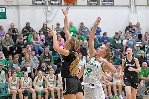 Ali Timmerman scores a basket against the defense of Rhinelander’s Ella Miljevich in the first half Friday, Jan. 10 at Jim Miazga Community Gymnasium in Rhinelander. (Photo by Brett LaBore/Lakeland Times)