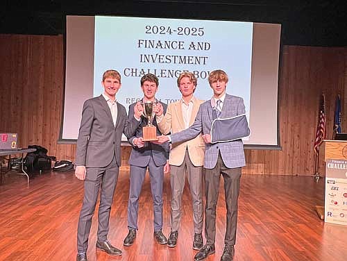 The Rhinelander team of Greyson Gremban, Brody Kowieski, Aiden Ostermann and Michael Schiek took first place in a Finance and Investment Challenge Bowl (FICB) regional tournament Wednesday, Jan. 8, 2025 at Nicolet College in Rhinelander. (Submitted photo)