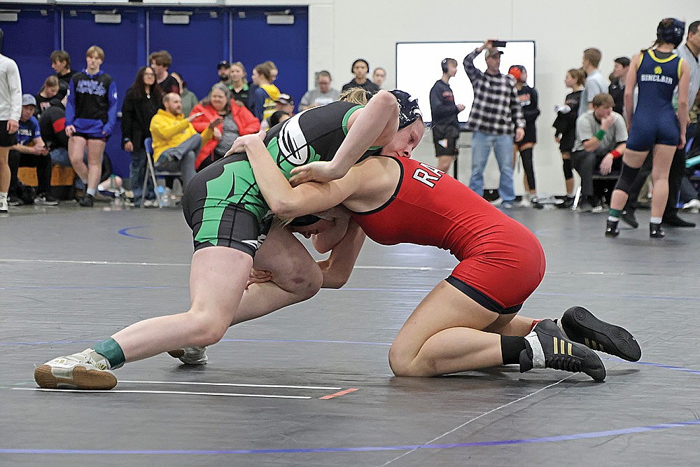 Rhinelander’s Cassidy Lindner looks to gain control over Wisconsin Rapids’ Elia Nyquist during the Bluejay Challenge wrestling tournament in Merrill Saturday, Jan. 11. Lindner finished second in the 120-pound weight class as the Hodags placed fifth as a team. (Jeremy Mayo/River News)