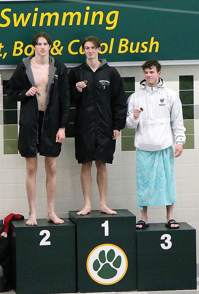 Rhinelander’s Mathias Fugle, left, and Shawn Denis, center, stand on the podium with Waunakee’s Max Richardson after finishing 1-2 in the 50-yard freestyle at the Jaguar Invitational boys’ swim meet in Ashwaubenon Saturday, Jan. 11. The Hodags won three events and finished second overall in the 15-team meet. (Brenda Shinners/submitted)