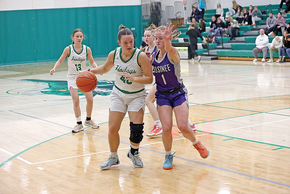 Rhinelander’s Kelsey Winter drives against Mosinee’s Megan Treu during the second half of a GNC girls’ basketball game at the Jim Miazga Community Gymnasium Tuesday, Jan. 14. The Hodags — without leading scorer Aubryn Clark who sat out due to a back injury — fell to Mosinee 65-24. (Bob Mainhardt for the River News)