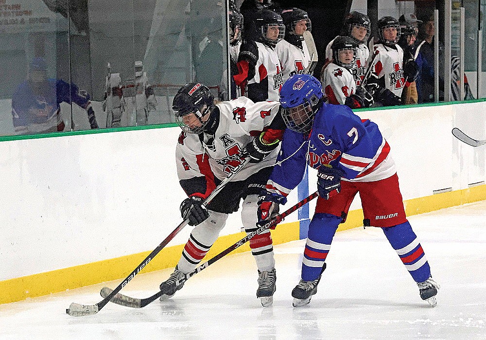 Mia Tulowitzky of Rhinelander battles Medford’s Victoria Konieczny for the puck for the Northland Pines girls’ hockey co-op during a game at Medford Tuesday, Jan. 14. (Matt Frey/Star News)