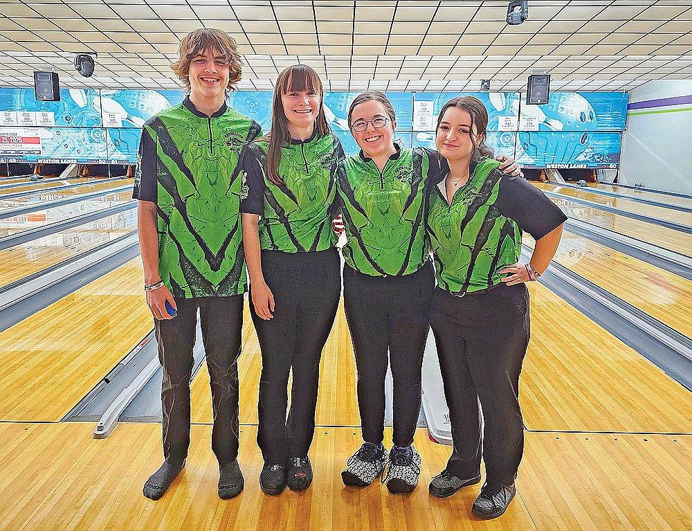 The four seniors on the Rhinelander Area club high school bowling teams pose for a photograph prior to a WiHSBC District 9 match in Weston Sunday, Jan. 12. Pictured, from left to right, are Alex Hall, Johanna Dellenbach, Katrina Roof and Addison Habeck. (Submitted photo)