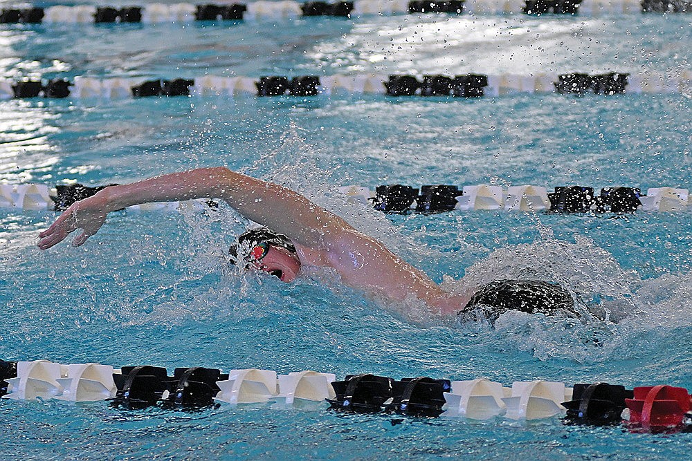 Rhinelander’s Mathias Fugle swims the 50-yard freestyle during a GNC double dual against Lakeland and Antigo in Minocqua Thursday, Jan. 16. Fugle was a three-event winner Friday as the Hodags placed second at the Lightning Invite in Appleton. (Brett LaBore/Lakeland Times)