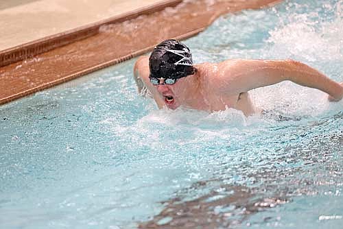 Silas Fetrow swims the butterfly portion of the 200 medley relay in a double dual against Rhinelander and Tomahawk Thursday, Jan. 23 at the Heck Family Community Pool in Rhinelander. (Photo by Bob Mainhardt for the River News)