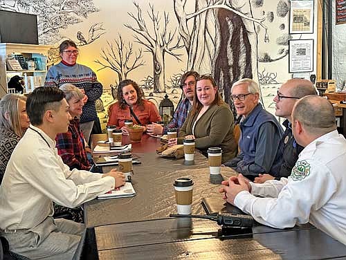 Evers and Pertl listen as, from left to right, Di Wu and Kate Ferrel of Nicolet College, Courtney Smith of the Rhinelander Area Food Pantry, Virginia Roberts of the Rhinelander District Library, Abbey Dall Lukowski, executive director of the Frederick Place Homeless Shelter, Matt Persike and Elissa Sheffer of the Rhinelander District Library and Rhinelander Fire Chief Brian Tonnancour share their thoughts. More information on the governor’s visit will be published in a future edition of the River News. (Photo by Heather Schaefer/River News)