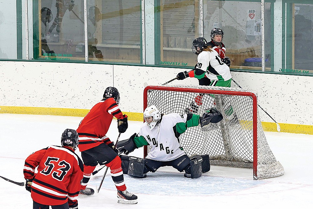 Rhinelander goalie Asher Rivord stops a point-black chance from Shawano/Bonduel’s Blake Knope during the third period of a non-conference boys’ hockey game at the Rhinelander Ice Arena Thursday, Jan. 23. (Bob Mainhardt for the River News)