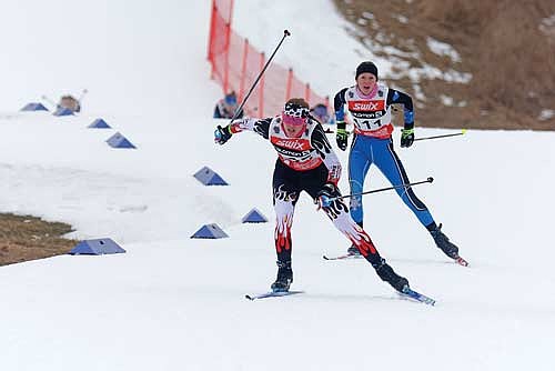 Stella Meza skis just ahead of Bay Nordic’s Onika Colassacco in the Wisconsin Nordic Ski League sprint championships Sunday, Feb. 2 at Ariens Nordic Center in Brillion. Meza finished second overall with a time of 3:02.4. (Photo by Jeremy Mayo/River News)