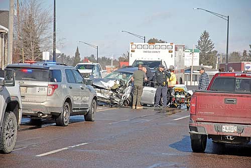 The scene near the intersection of U.S. Highway 51 and Huber Lane on Thursday, Feb. 6, following an accident involving a Subaru Outback and a front end loader. (Photo by Brian Jopek/Lakeland Times)