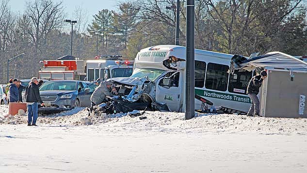 The scene at the intersection of U.S. Highway 51 and County Highway J on Friday, Feb. 7, following an accident there involving three vehicles. (Photo by Trevor Greene/Lakeland Times)