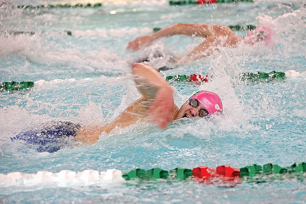 Rhinelander’s Samson Shinners competes in the 100-yard freestyle during the GNC championship meet at the Heck Family Community Pool Friday, Feb. 7. Shinners, a senior, is seeded first in the 200-yard freestyle entering Saturday’s WIAA Division 2 sectional in Ashwaubenon. It’s one of six events that the Hodags are favored to win in the meet. (Bob Mainhardt for the River News)