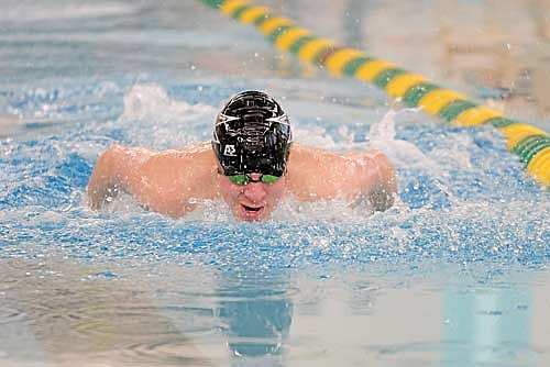 Garrison Jacques swims the butterfly stroke of the 200 IM during a WIAA Division 2 sectional meet Saturday, Feb. 15 at Ashwaubenon High School. (Photo by Jeremy Mayo/River News)