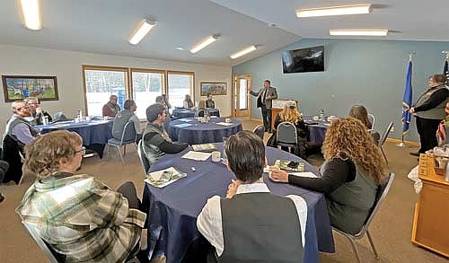 State representative Rob Swearingen (R-Rhinelander) speaks during a press conference announcing a rebrand of the Let’s Minocqua Visitors Bureau to the Greater Minocqua Area Visitors Bureau on Monday, Feb. 17, in Minocqua. Swearingen’s comments were brief, but said he thinks all the chamber entities in his district (Oneida and Vilas counties) work well together and hopes the area has “one hell of a good summer.” (Photo by Trevor Greene/Lakeland Times)