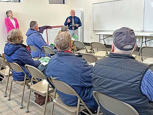 School District of Rhinelander superintendent Eric Burke discusses sources of school funding during a public informational meeting on the district’s April 1 operational referendum Wednesday, Feb. 19, 2025 at the Hodag Dome. (Photo by Heather Schaefer/River News)