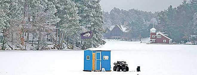 Anglers are reminded to remove their permanent ice shanties from inland waters north of Highway 64 by March 16. (Photo by Dean Hall/Lakeland Times)