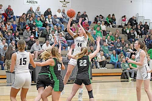 In this Feb. 14, 2025 file photo, Kristina Ouimette takes a shot in the second half of a conference game against Rhinelander at Ted Voigt Court in Minocqua. Ouimette was voted the Great Northern Conference Player of the Year. (Photo by Brett LaBore/Lakeland Times)