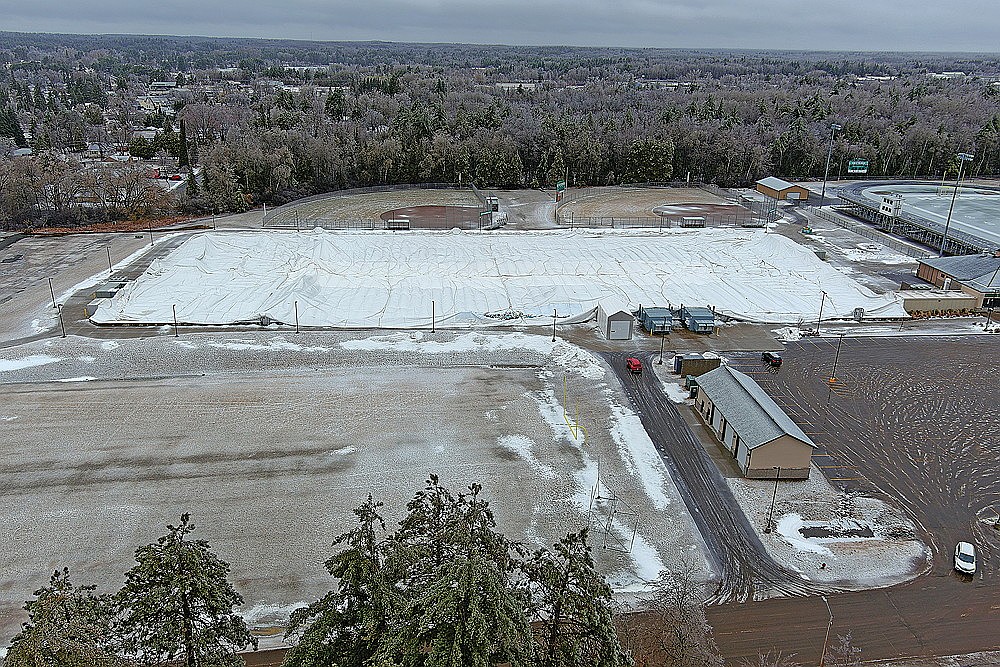 The Hodag Dome is pictured from overhead Sunday, March 30, it was allowed to deflate after it sustained damage due to a power outage. Snowfall has delayed the assessment of the damage to the facility according to SDR Superintendent Eric Burke. (Bob Mainhardt for the River News)