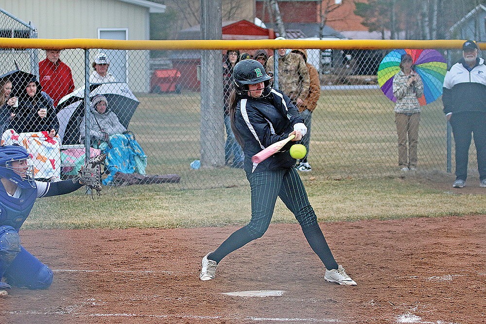 Rhinelander’s Kendall Vanney collects an RBI on a fielder’s choice during the second inning of a non-conference softball game at Three Lakes Thursday, April 17. Vanney had two hits and three RBIs as the Hodags defeated the Bluejays, 15-10. (Bob Mainhardt for the River News)