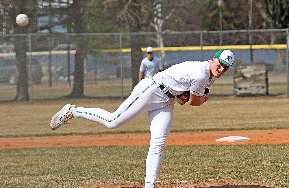 Rhinelander’s Dylan Vanderbunt pitches during a GNC baseball game against Tomahawk at Stafford Field Wednesday, April 23. Vanderbunt allowed a run on five hits with six strikeouts over six innings in the Hodags’ 10-3 win over the Hatchets. (Bob Mainhardt for the River News)
