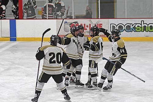 In this Feb. 20, 2025 file photo, the Thunderbirds erupt with joy following a goal by Colton Berray in a WIAA Division 2 regional final game against Shawano/Bonduel at Lakeland Hawks Ice Arena. Players pictured, from left, are Brent Olson (20), Berray, Dominic Gironella, Lawson Bain (6) and C.J. Smith (44). (Photo by Brett LaBore/Lakeland Times)