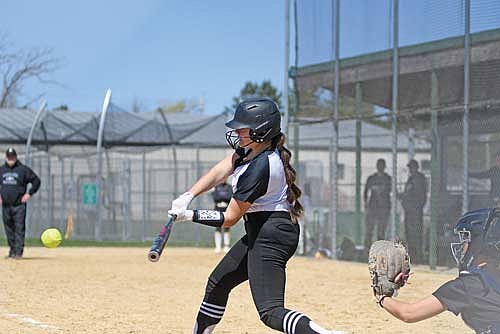 Karlin Williams singles in the third inning of a 7-5 win over Westosha Central Saturday, April 26 at Woyak Community Sports Complex in Plover. (Photo by Brett LaBore/Lakeland Times)