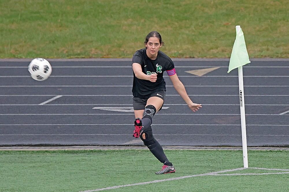 Rhinelander’s Leah Weigel attempts a corner kick during the first half of a GNC girls’ soccer game against Northland Pines at Mike Webster Stadium Thursday, May 1. The Hodags scored on the play and defeated the Eagles, 5-0, to move to 5-0-0 in GNC play. (Jeremy Mayo/River News)