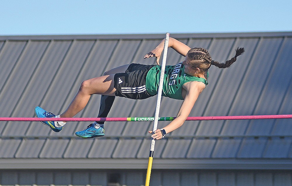 Rhinelander’s Macy Myers successfully clears a height in the pole vault during a track meet in Minocqua Tuesday, May 6. Myers won the girls’ pole vault at the Lakeland Invite, breaking her own school record with a vault of 10 feet, 10 inches. (Brett LaBore/Lakeland Times)