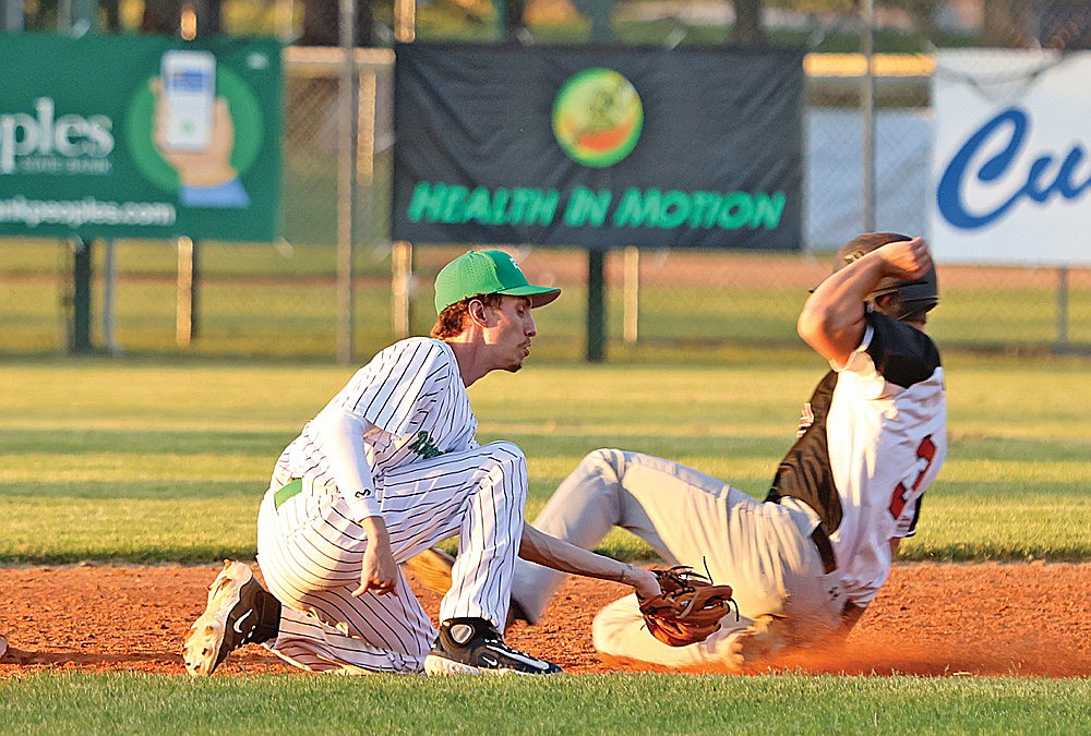 In this June 1, 2024 file photo, Rhinelander’s Josh Randolph tags Tomahawk’s Eli Wurl on a stolen base attempt during the eighth inning of an Dairyland Large-Small exhibition baseball game at Stafford Field. The Rhinelander River Monsters begin their third season of play this Sunday at Marshfield, kicking off a 14-game regular season schedule. (Bob Mainhardt for the River News)