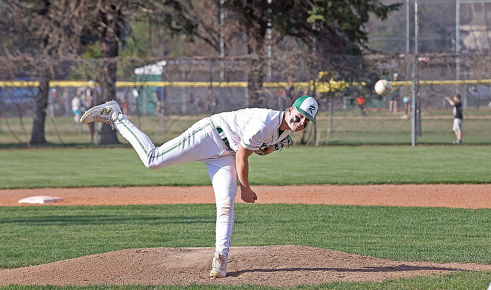 Rhinelander’s Jackson Waydick pitches during the second inning of a GNC baseball game against Antigo at Stafford Field Tuesday, May 6. Waydick pitched six shutout innings as the Hodags snapped a five-game losing skid with a 3-1 win over the Robins. (Bob Mainhardt for the River News)
