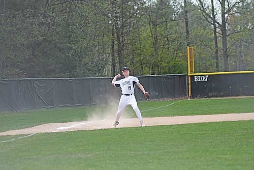 Gabe Karch gets ready to throw to first base in a conference game against Northland Pines Thursday, May 15 at the Lakeland Union High School baseball field in Minocqua. (Photo by Brett LaBore/Lakeland Times)