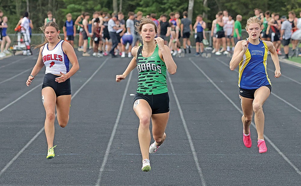 Rhinelander’s Violet Biolo competes in the 100-meter dash during the Hodag Invitational track meet at Mike Webster Stadium Thursday, May 15. Biolo won the race and the Hodags were leading both the boys’ and girls’ standings when the meet was suspended due to thunderstorms. (Jeremy Mayo/River News)